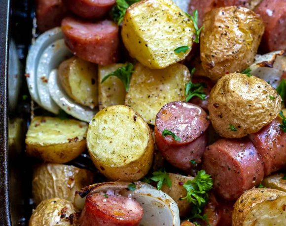 potatoes, sausage and onions in air fryer basket