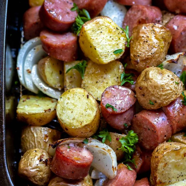 potatoes, sausage and onions in air fryer basket