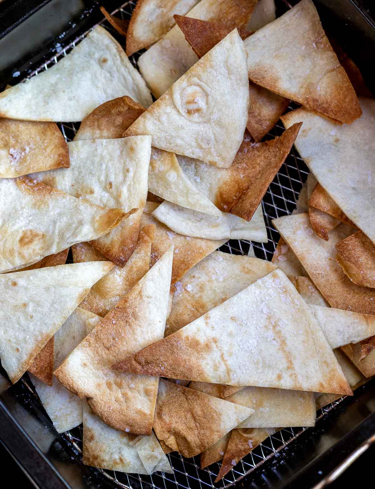 air fried tortilla chips in air fryer basket