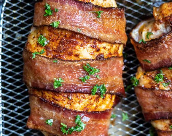 chicken wrapped Wirth bacon in air fryer basket