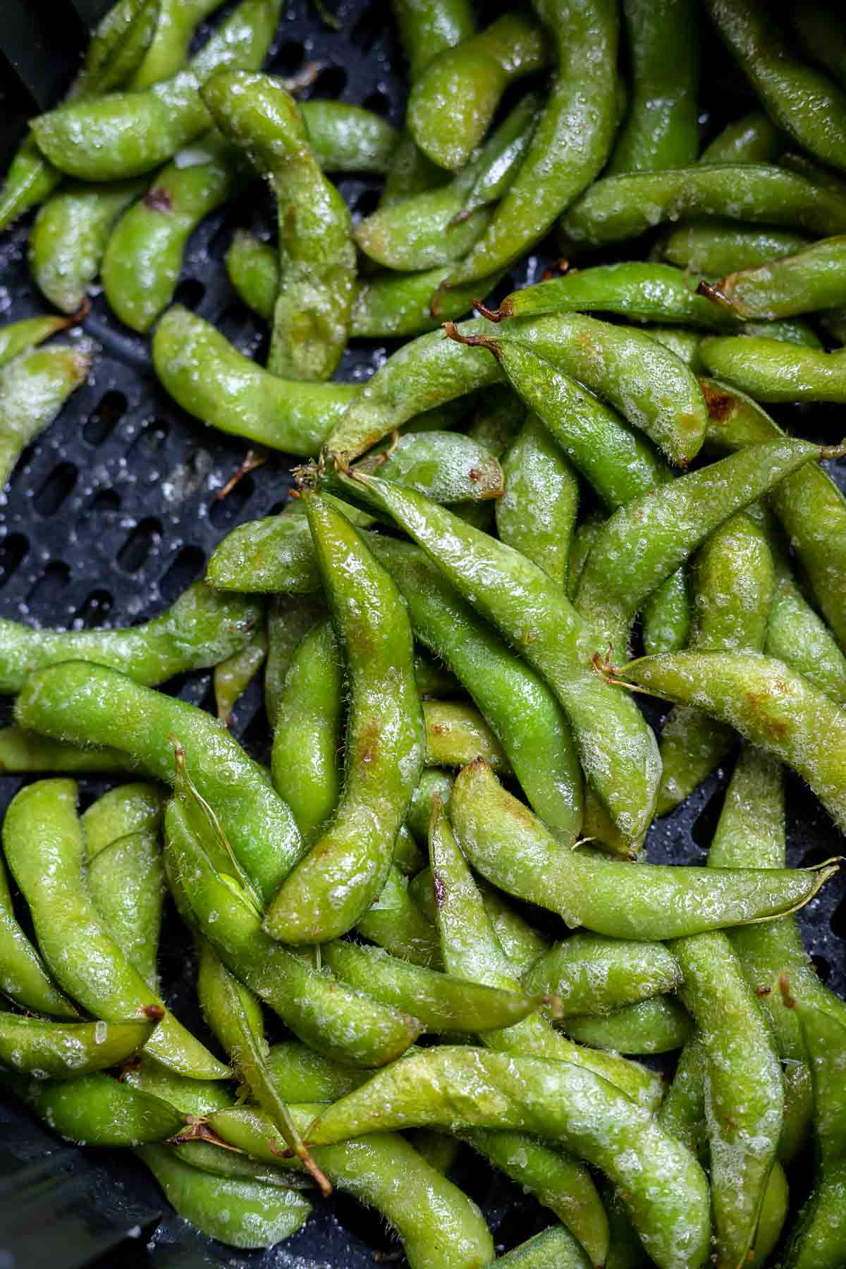 cooked edamame in air fryer basket
