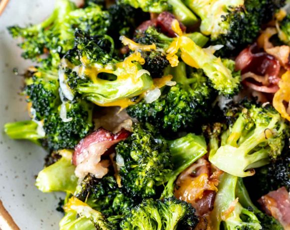cheesy bacon broccoli served in white bowl
