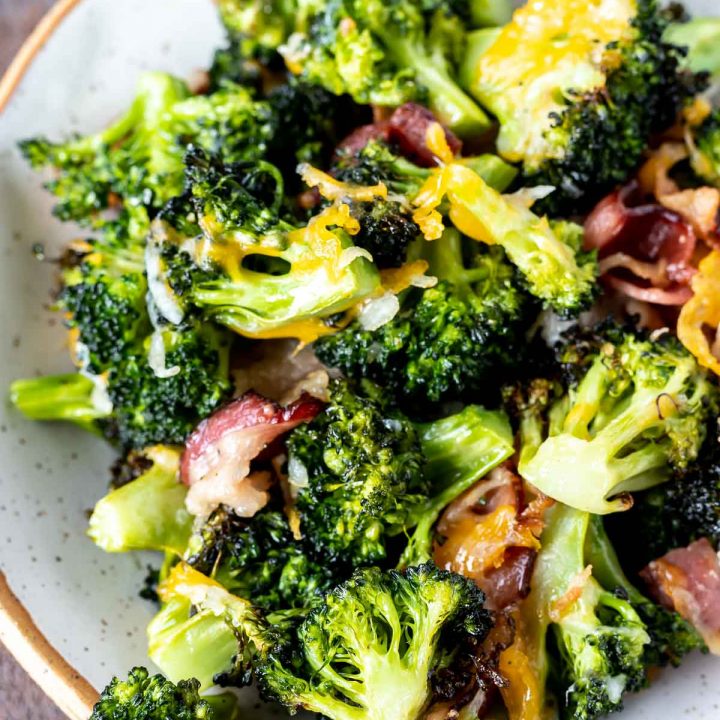 cheesy bacon broccoli served in white bowl