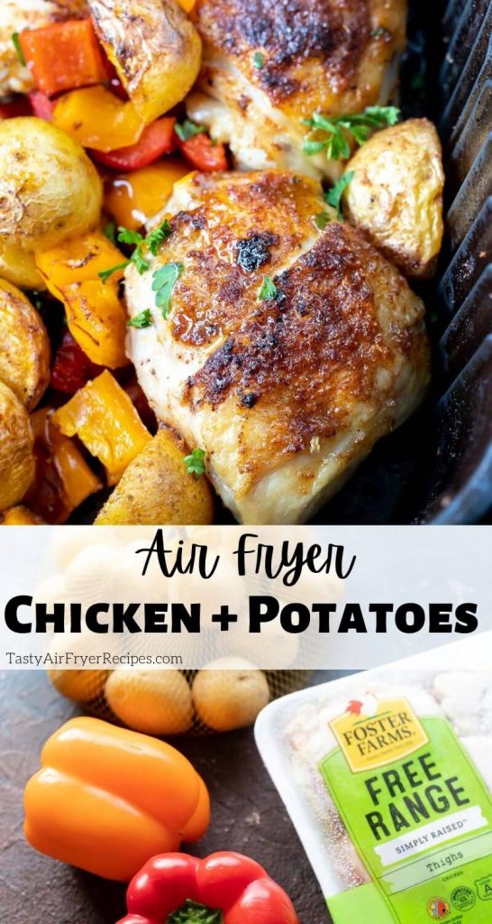 air fryer chicken and potatoes pinnable image with title text