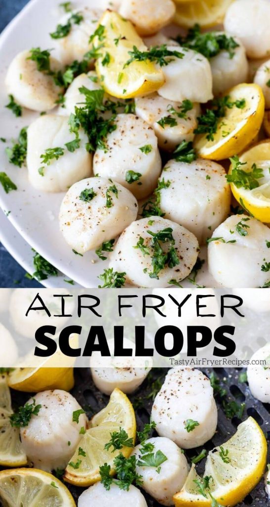 air fryer scallops pinnable image with title text