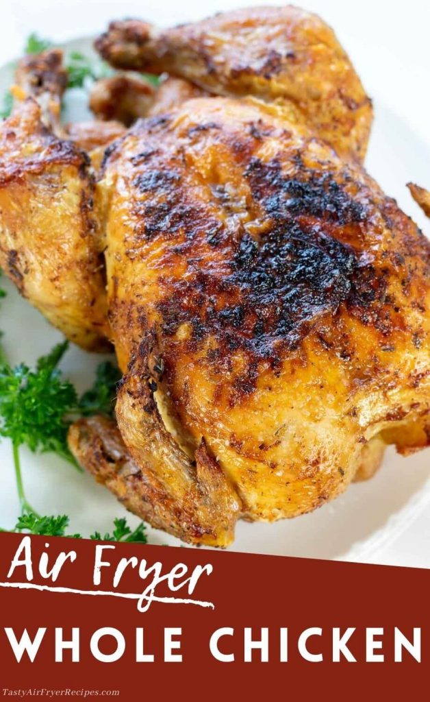 air fryer whole chicken pinable image with title text