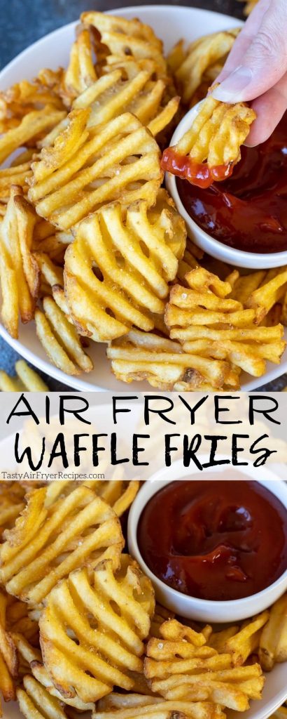 air fryer waffle fries pinnable image with title text
