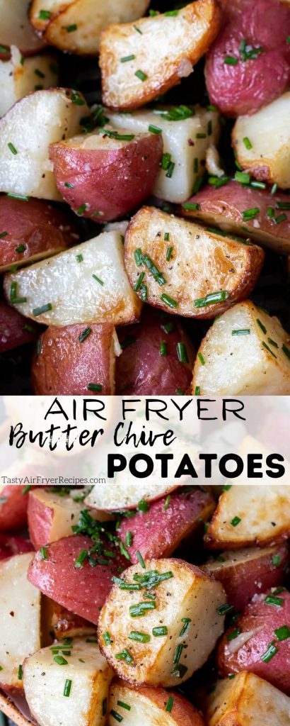butter chive red potatoes in air fryer pinnable image with title text