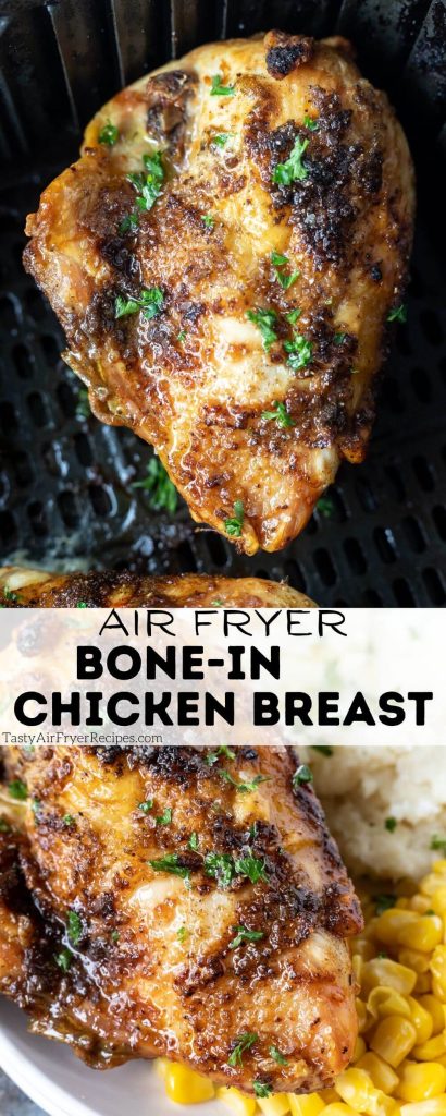 air fryer bone in chicken breast pinnable image with title text