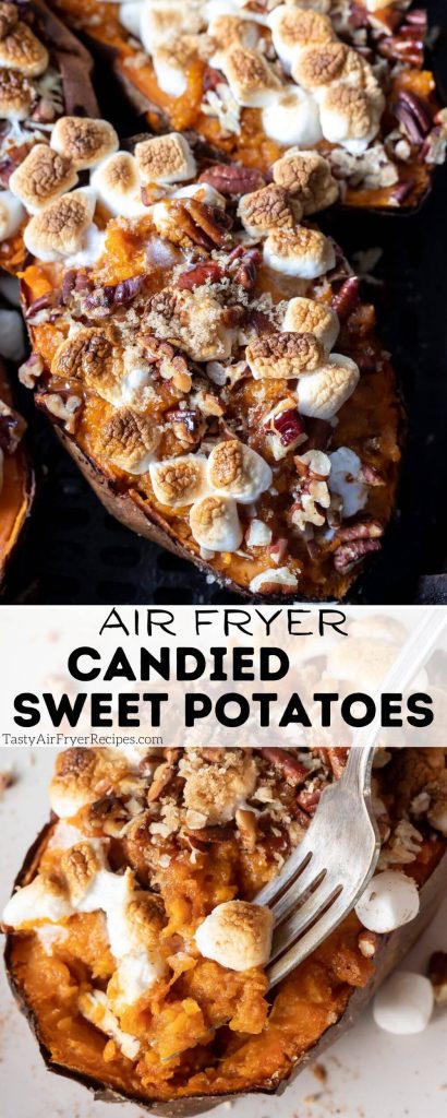 air fryer candied sweet potatoes pinnable image with title text