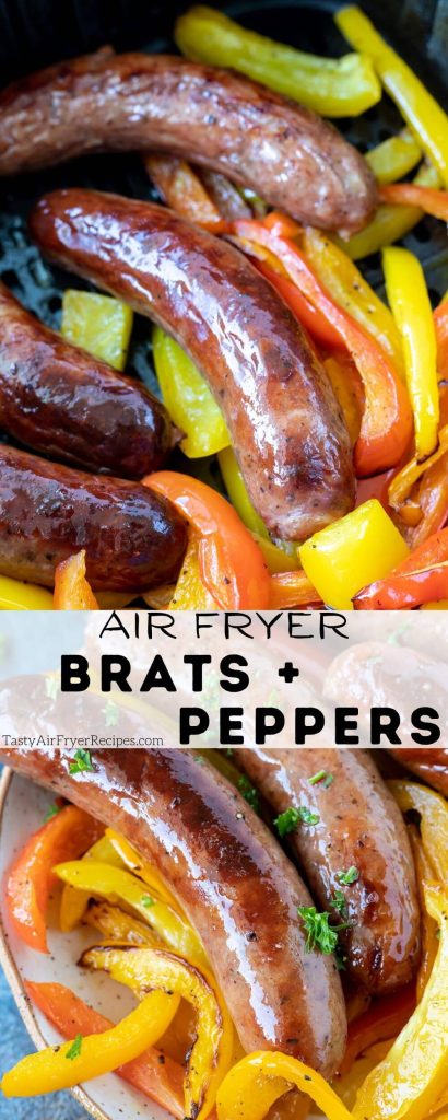 peppers and brats in air fryer pinnable image with title text