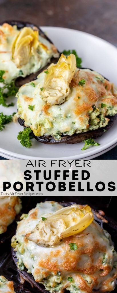 air fryer stuffed portobello mushroom recipe pinnable image with title text