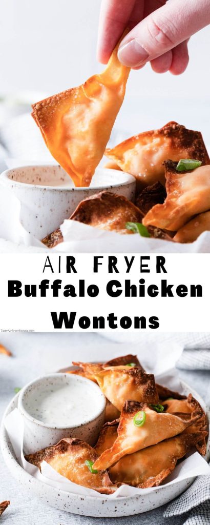 air fryer buffalo chicken wontons pinnable image with title text